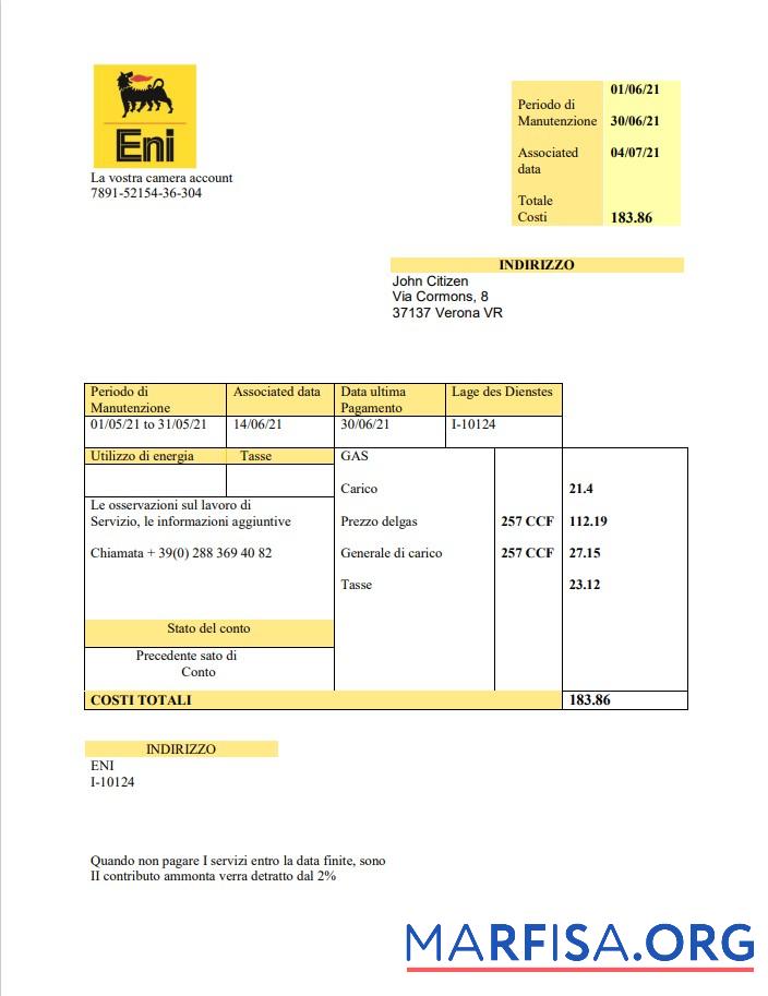 Blank Italy Gas utility bill template in .doc and .pdf format, fully editable